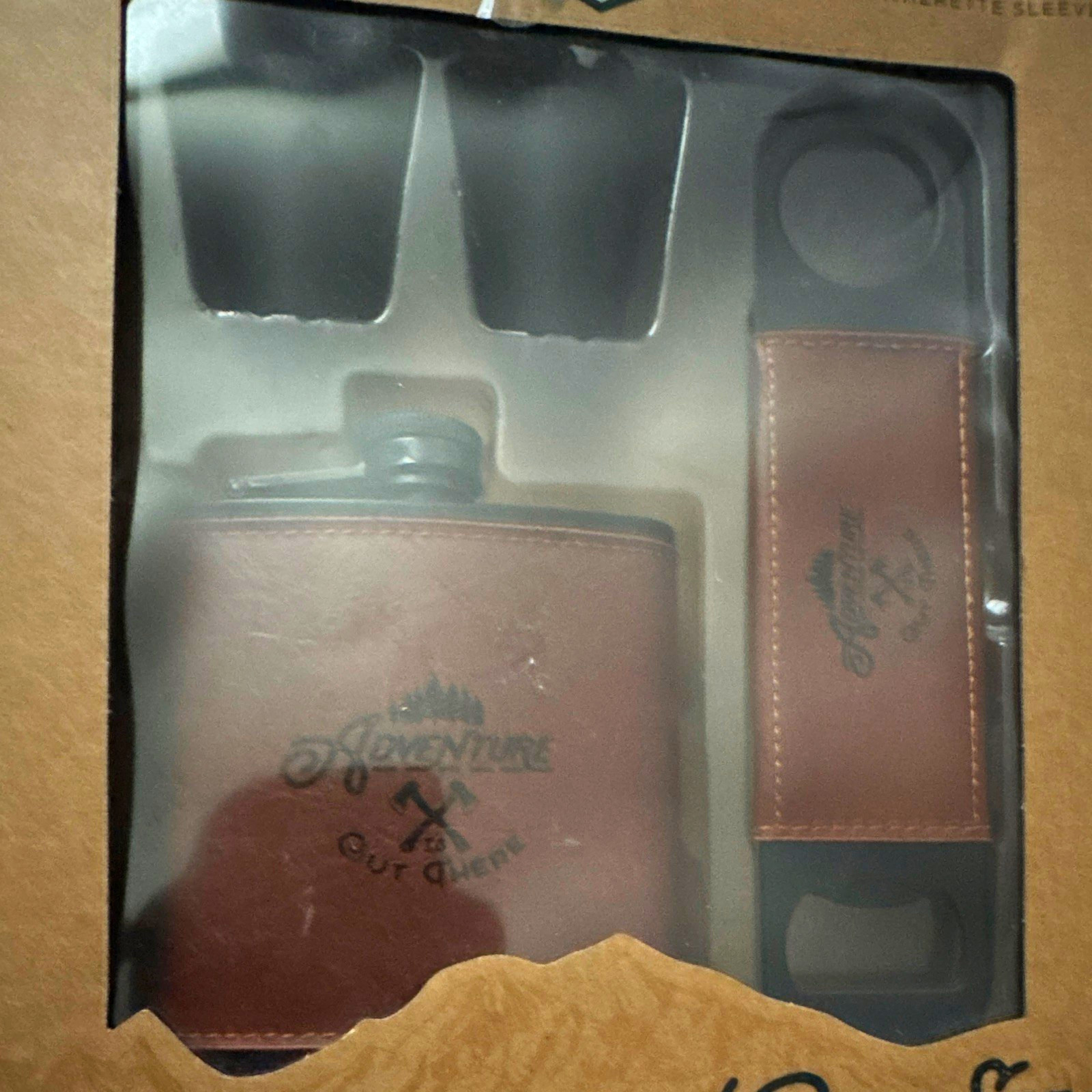 Adventure 6 oz Pocket Flask Gift Set Brown Faux Leather w/ Cups & Opener Box