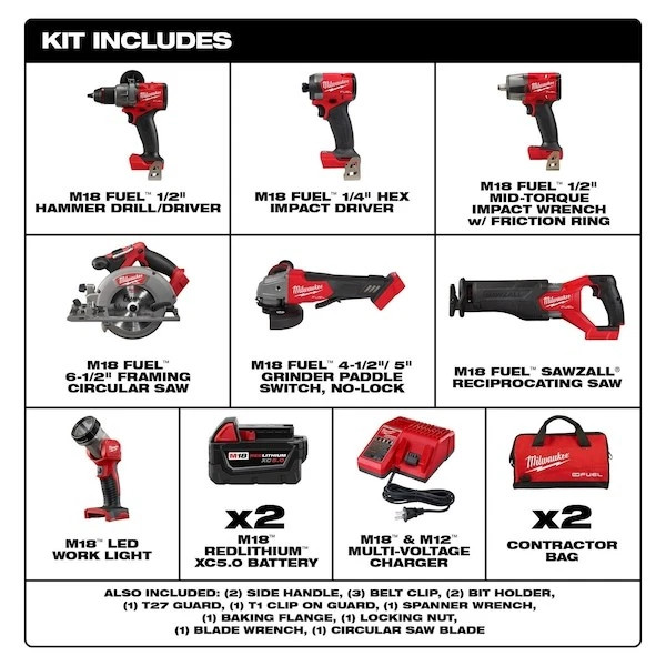 Milwaukee 3697-27 M18 FUEL 18V 7 Tool Cordless Lithium-Ion Combo Kit