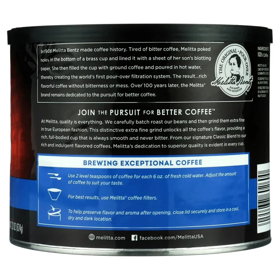 Melitta Classic Roast Caffeinated Canned Coffee, 22oz Can NEW