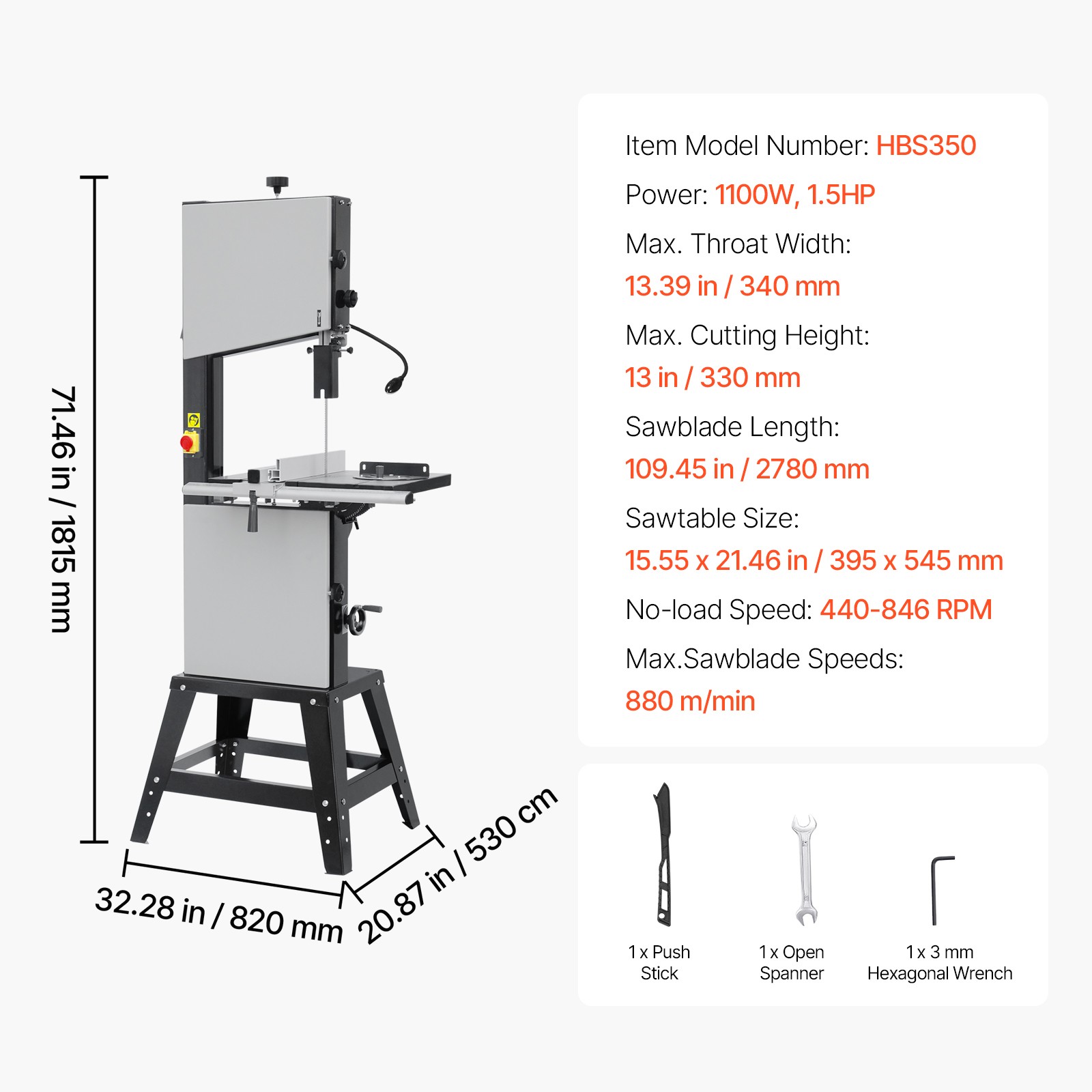 Woodworking Bandsaw 13.39 in Width Benchtop Band Saw 440-846 RPM 1100W 1-1/2HP