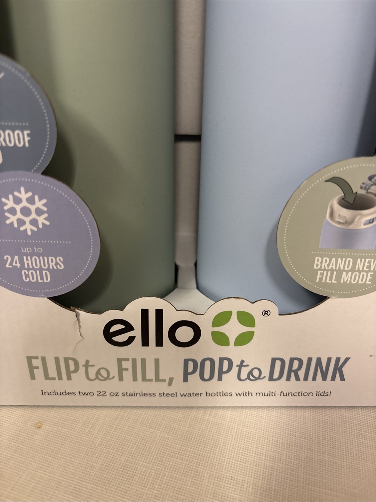 Ello Flip To Fill 22oz 2-Pack Stainless Steel Water Bottle Lock Lid 24hrs Cold