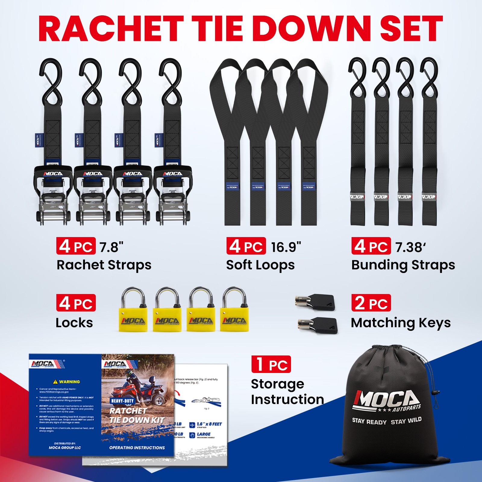 Heavy Duty Ratchet Tie Down Straps W/ Lock, 5200Lbs Breaking Strength 1.6″ x 8ft