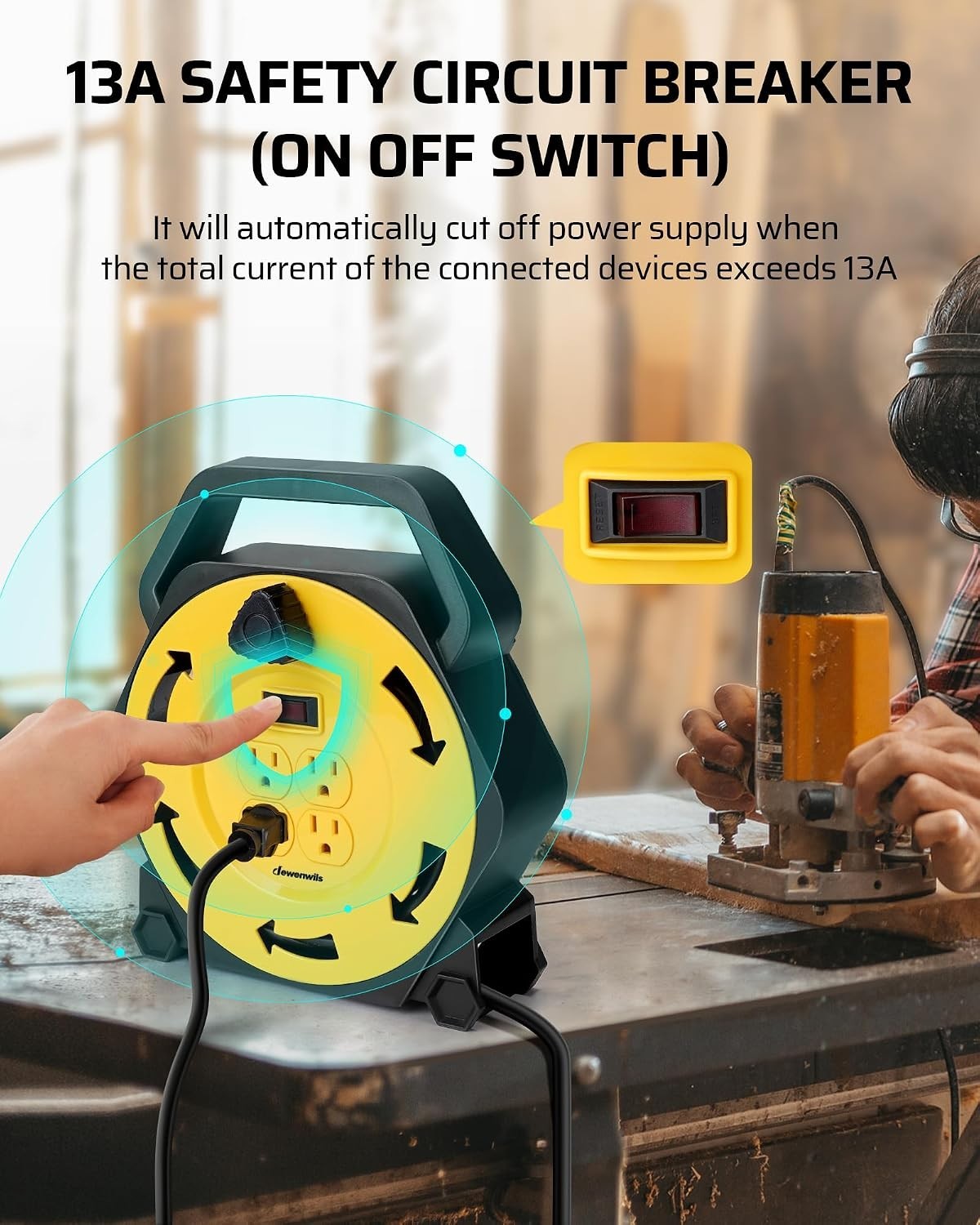 25FT Retractable Extension Cord Reel with 4 Grounded Outlets – Portable & Safe