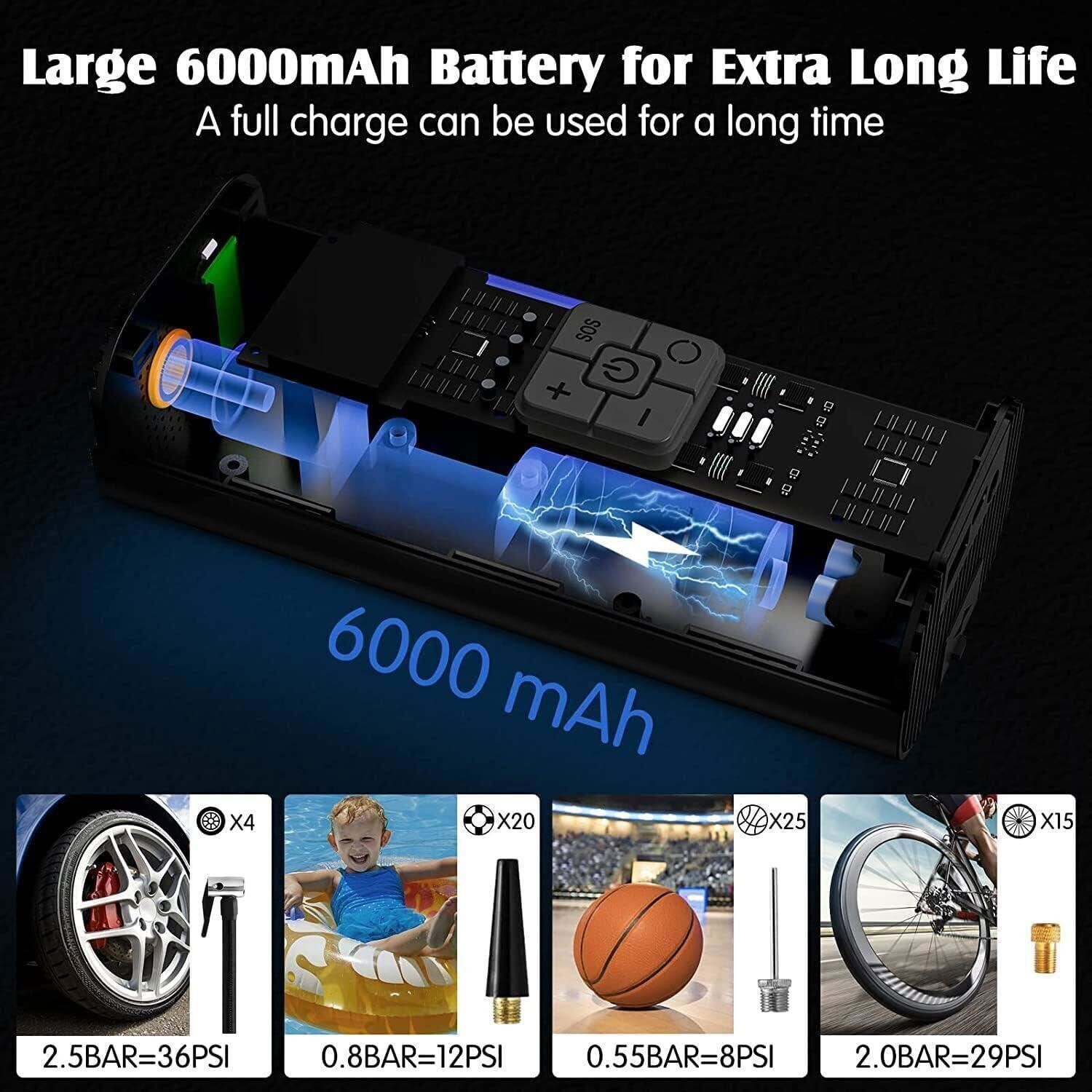 6000mAh 150psi Inflator Air Pump 35LPM Auto Tire Pump 12V Portable Power Bank