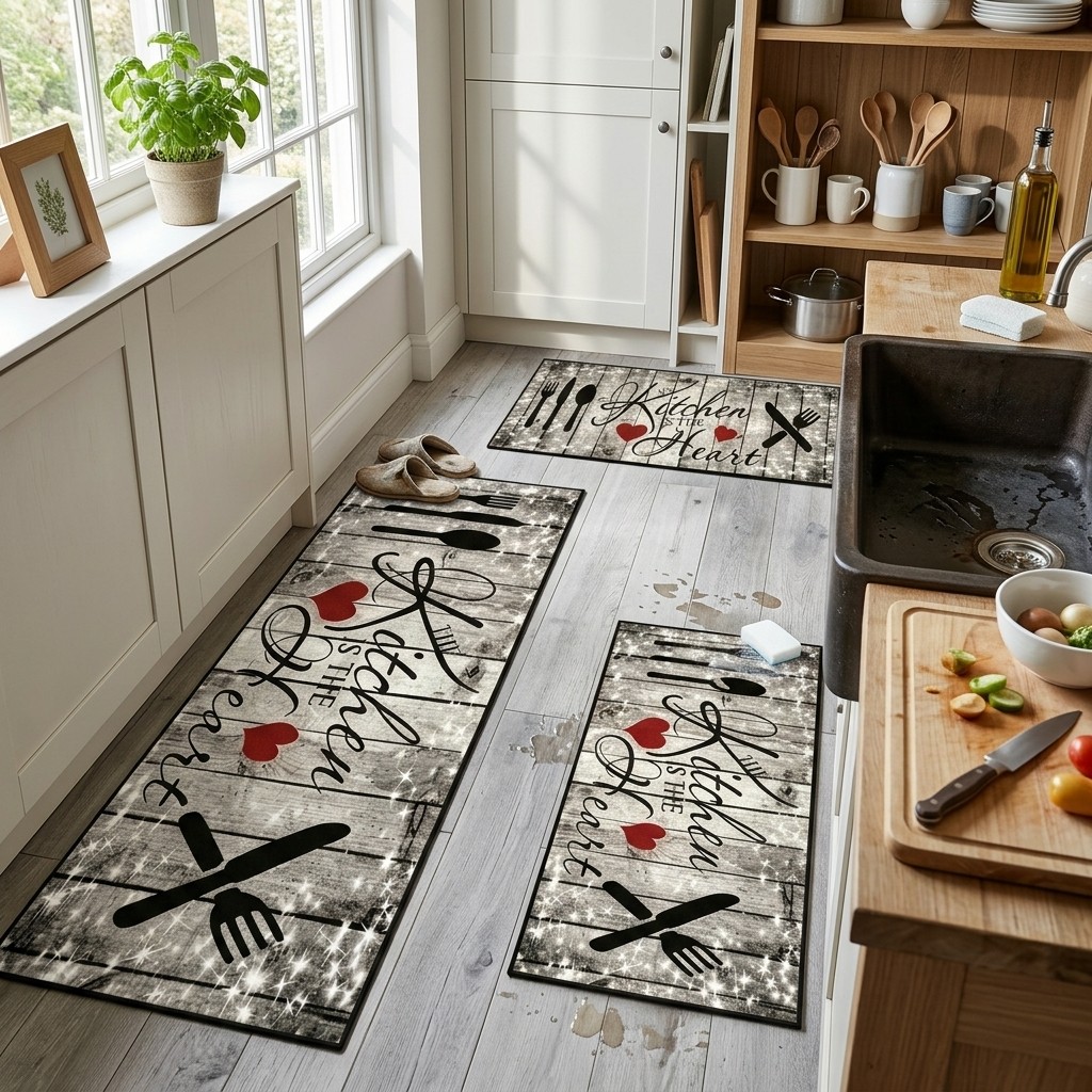 Non-Slip Washable Kitchen Floor Mat with Rustic Utensil Print Crystal Velvet