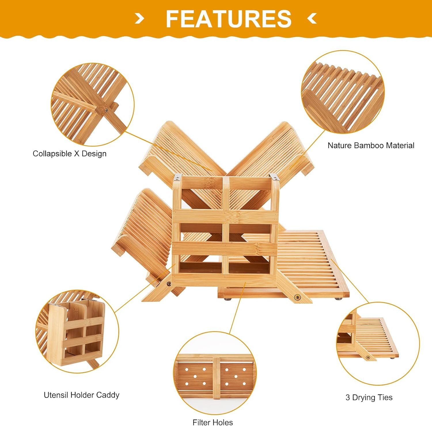 Bamboo Dish Drying Rack⭐3 Tier Collapsible Wooden Dish Drainer Rack ⭐