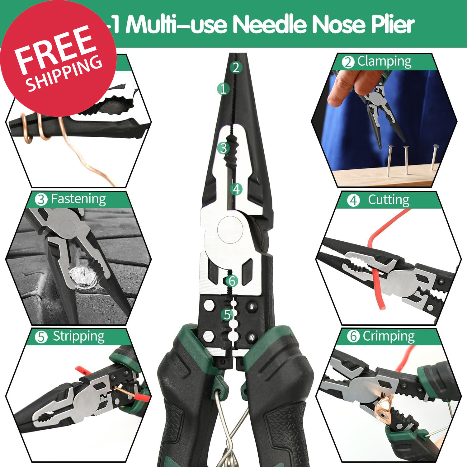 9” Needle Nose Pliers, 6-In-1 Multifunction Long Nose Pliers, with Spring Loade
