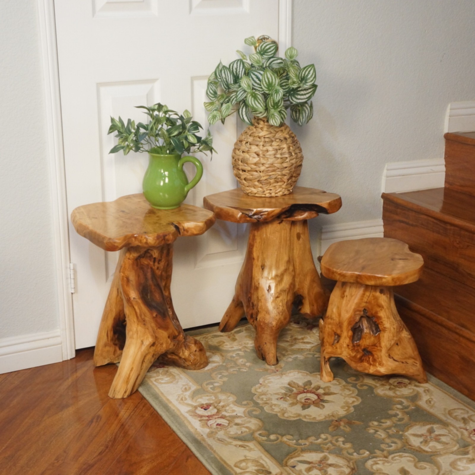 Rustic Cedar Roots Flower Stand Stool, Tree Stump Stool Side Table 19.5″ H