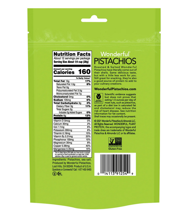 Wonderful Pistachios, No Shells Roasted & Salted Pistachios, 12 Ounce Bag