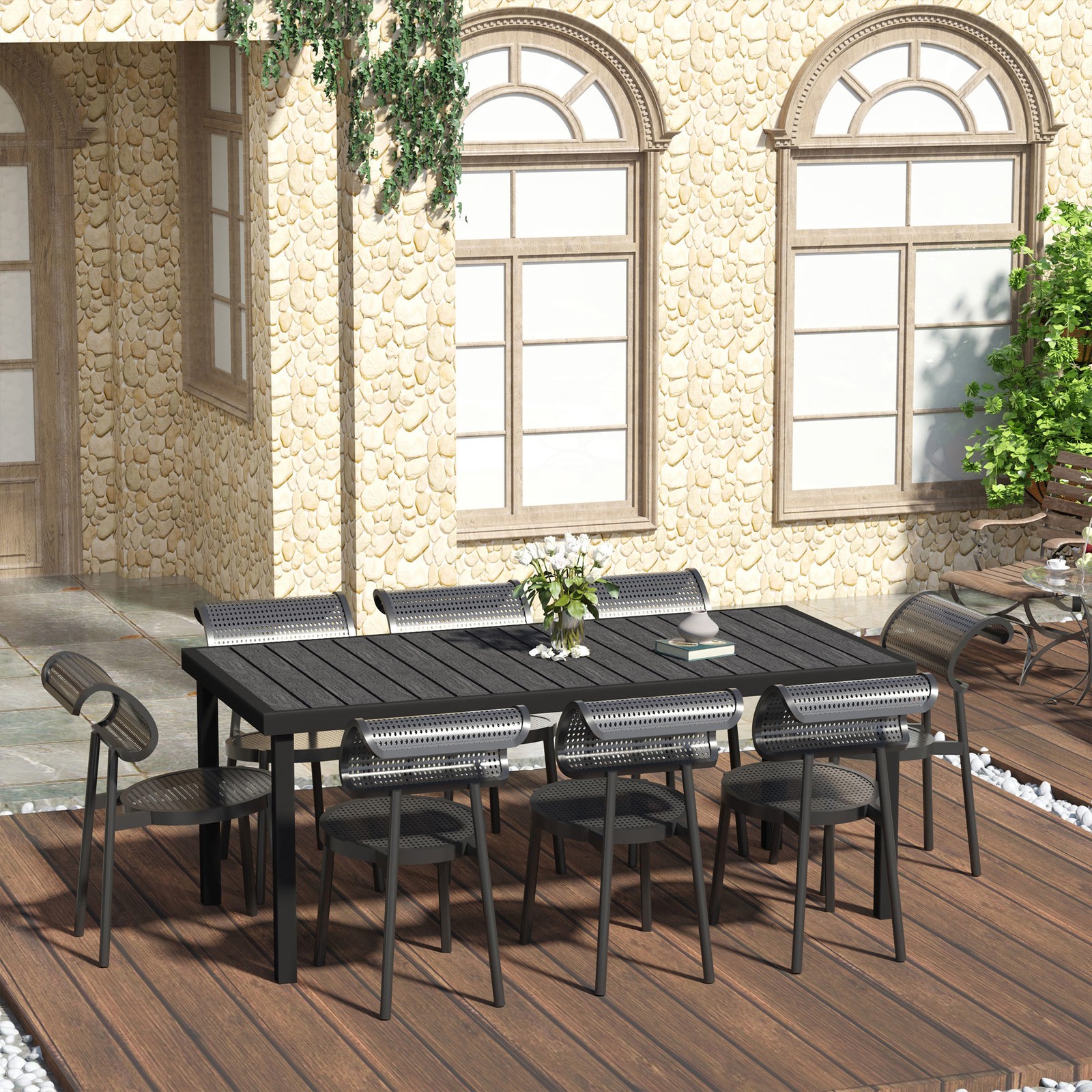 75x35in Outdoor Dining Table for 8 Aluminum Faux Wood Patio Table Black