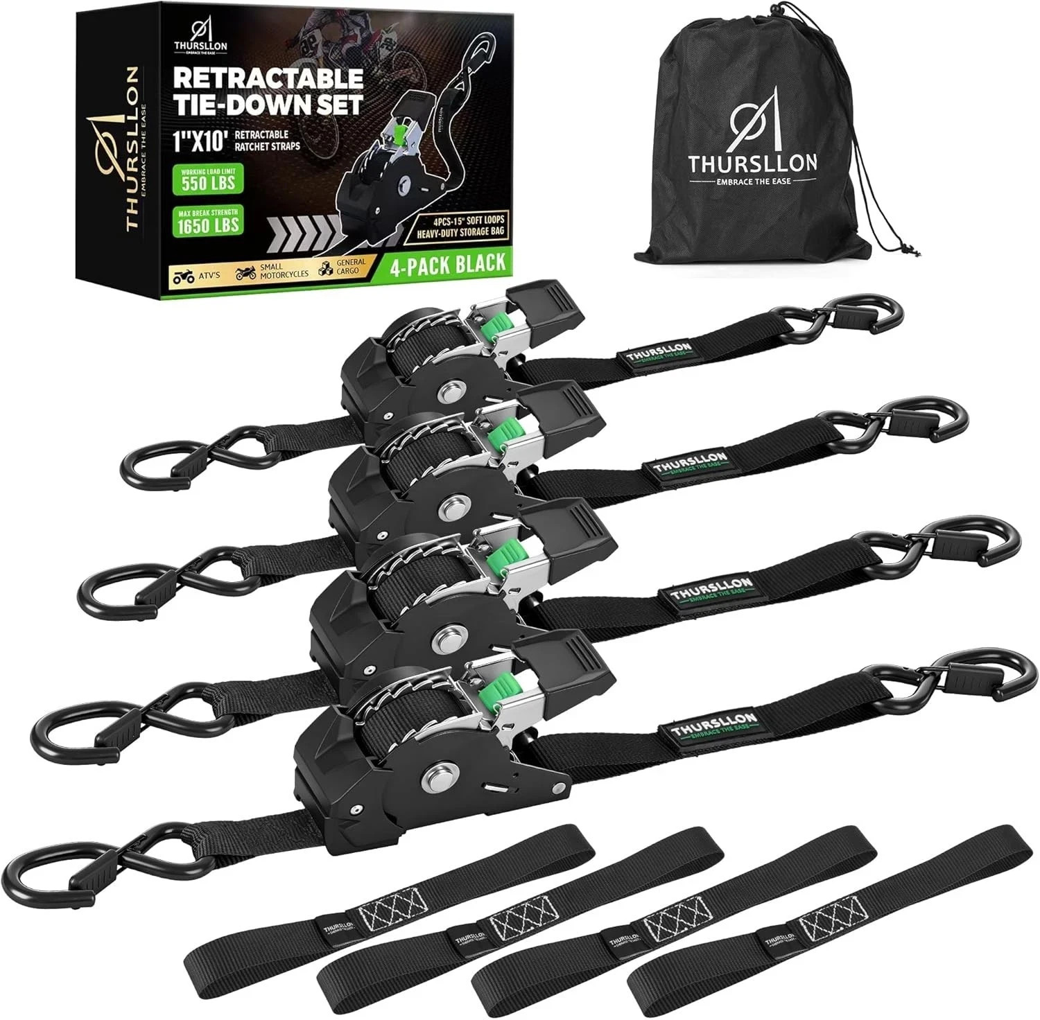 Rhino USA Retractable Ratchet Straps (4-Pack) – 1 Inch x 10 Feet (1,650lb Break