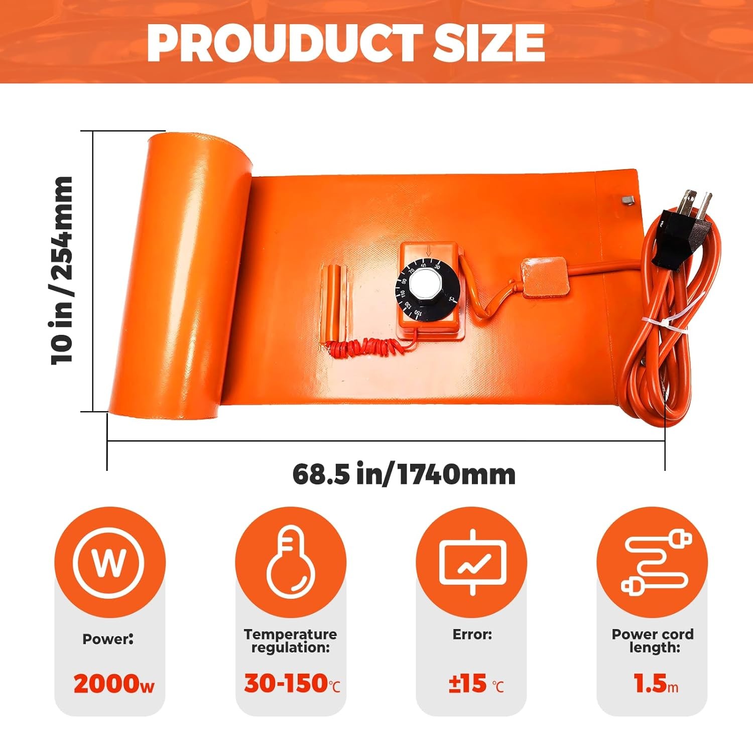 55 Gal Drum Heater Band 2000W 110V Silicone Thermostat 30–150°C, Adjustable Heat