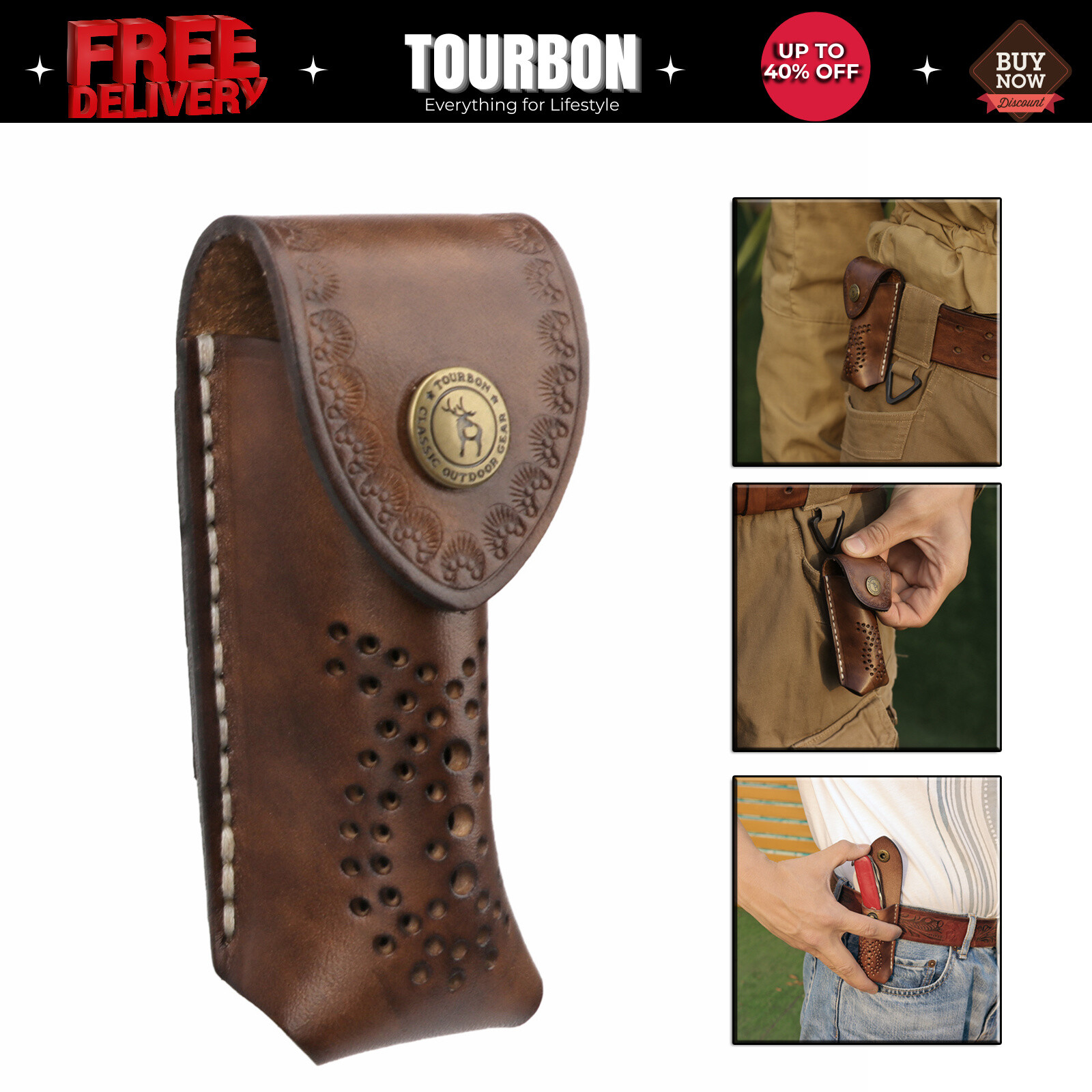TOURBON Leather 3.5in Folding Blade Knife Sheath Knives Case Belt Pouch Holster