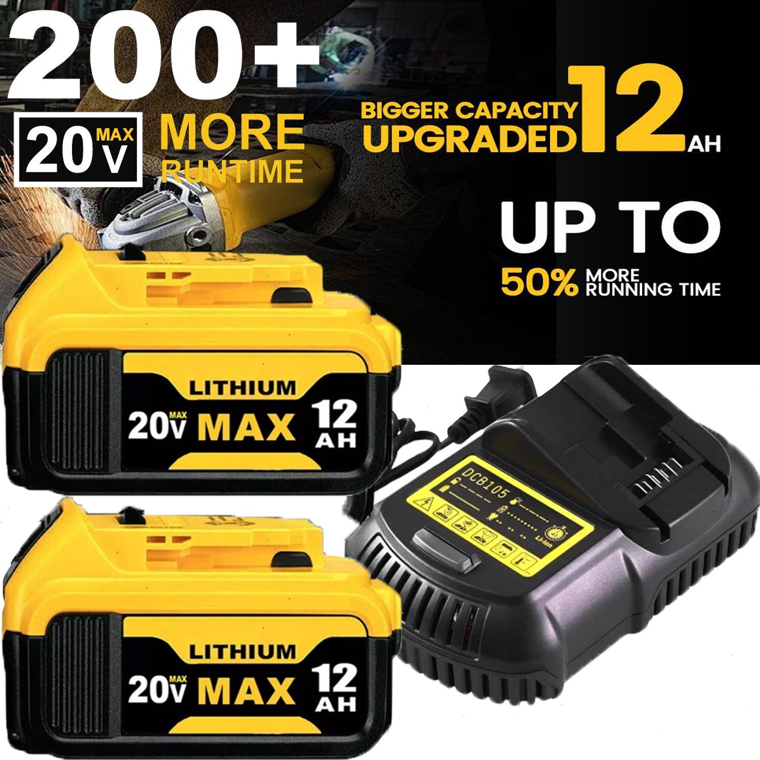 2PACK For DeWalt 20V 20 Volt Max XR 12.0AH Lithium Battery DCB206-2 + Charger