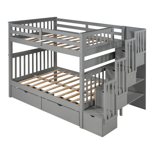 Full Over Full Bunk Bed w/ 6 Storage Drawers & Stairs For Kids Teens Adults Gray