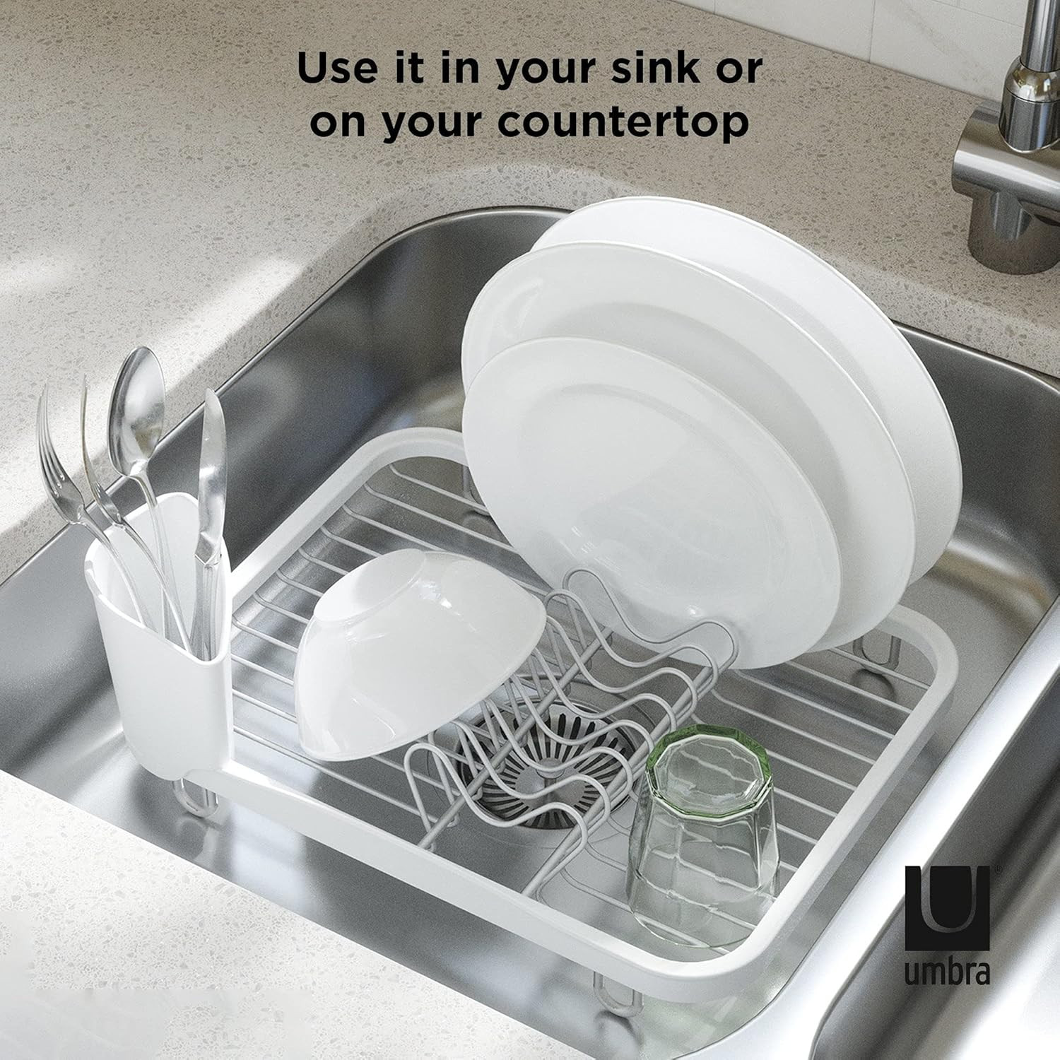 Umbra Sinkin Dish Drying Rack, in Sink or Countertop Drainer, White/Nickel | Rem