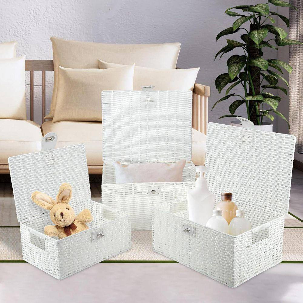 White 14.2 In. X 7.3 In. Polypropylene Decorative Basket Set of 3 with Lid and H