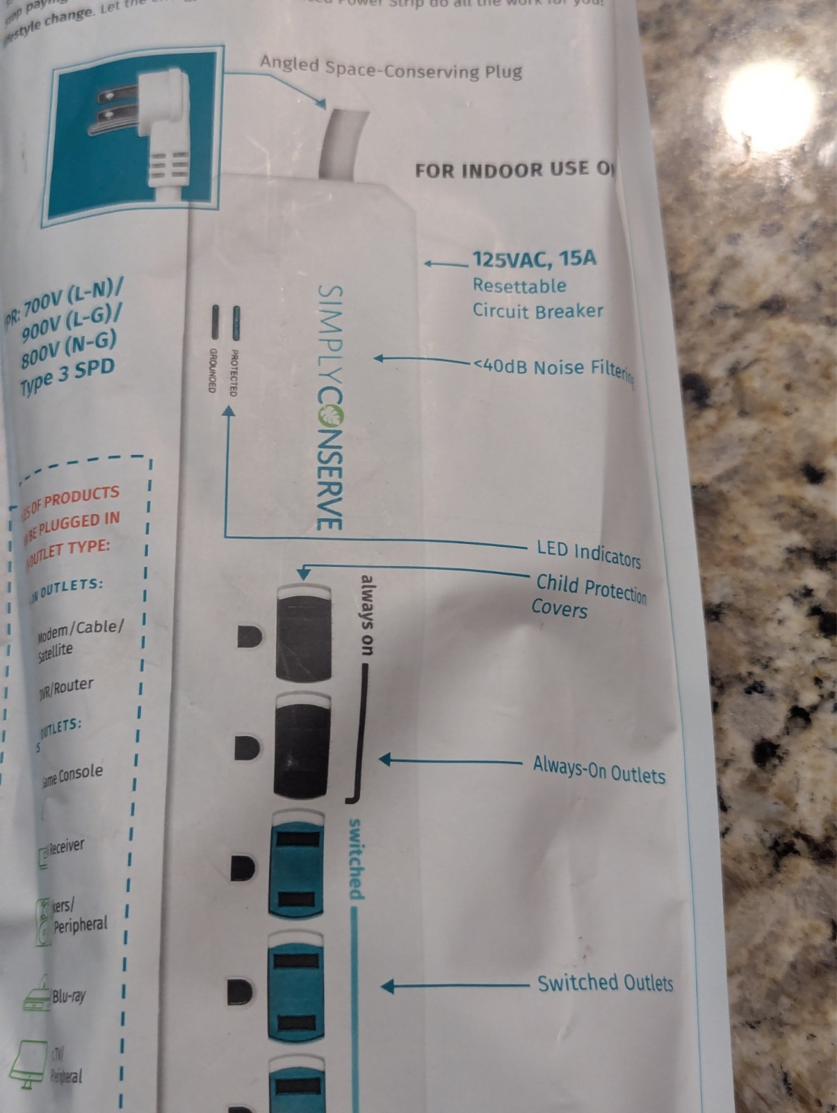 Simply Conserve 3 ft 7-Outlet Energy-Saving Advanced Surge Protector
