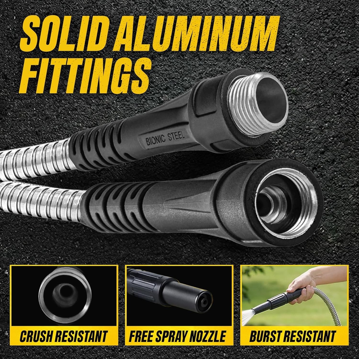 BIONIC STEEL 100 Ft Metal Garden Hose with Sprayer Nozzle, Non Kinking Designed