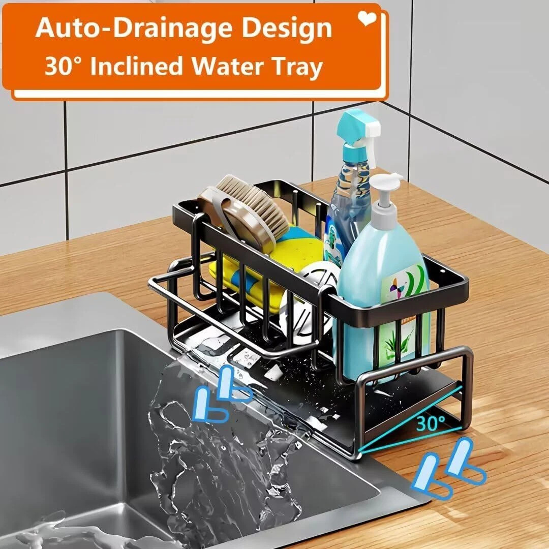 Kitchen Sink Caddy Organiser with Self Draining Tray, Sponge Holder Brush Holder