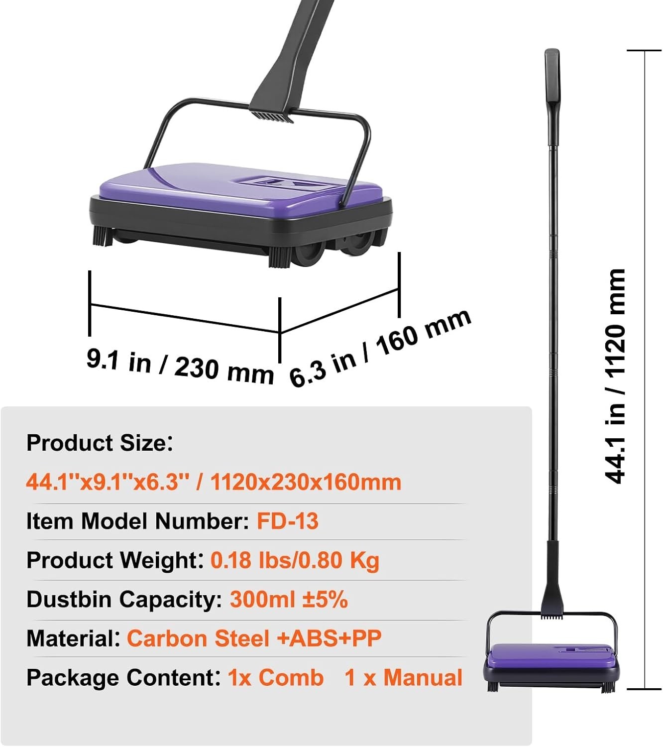 Versatile 6.7in Carpet Sweeper – Quiet Operation, Easy Disposal, Purple Design
