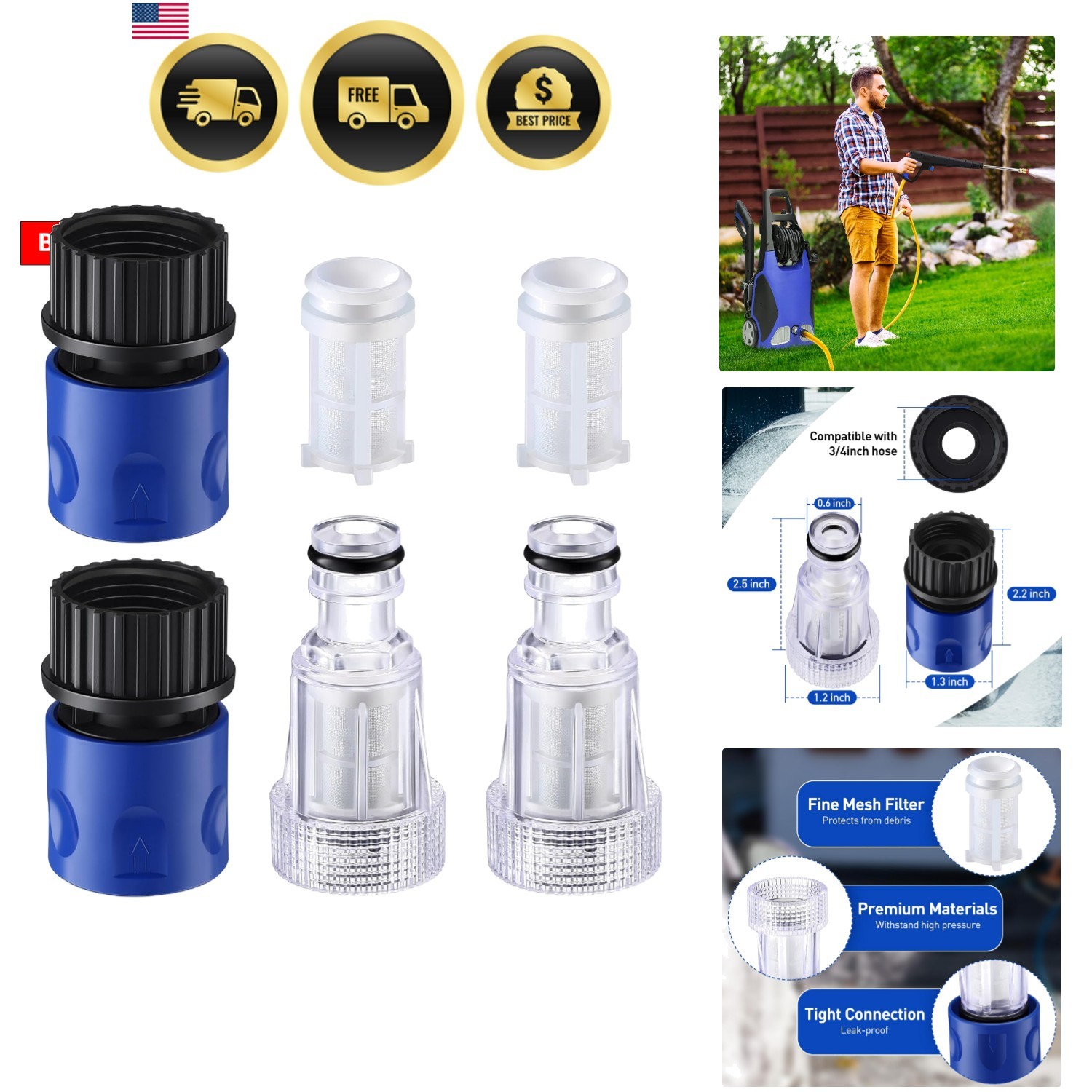 6 Pack 3/4 Inch Pressure Washer Garden Hose Adapter, Pressure Washer Accessor…