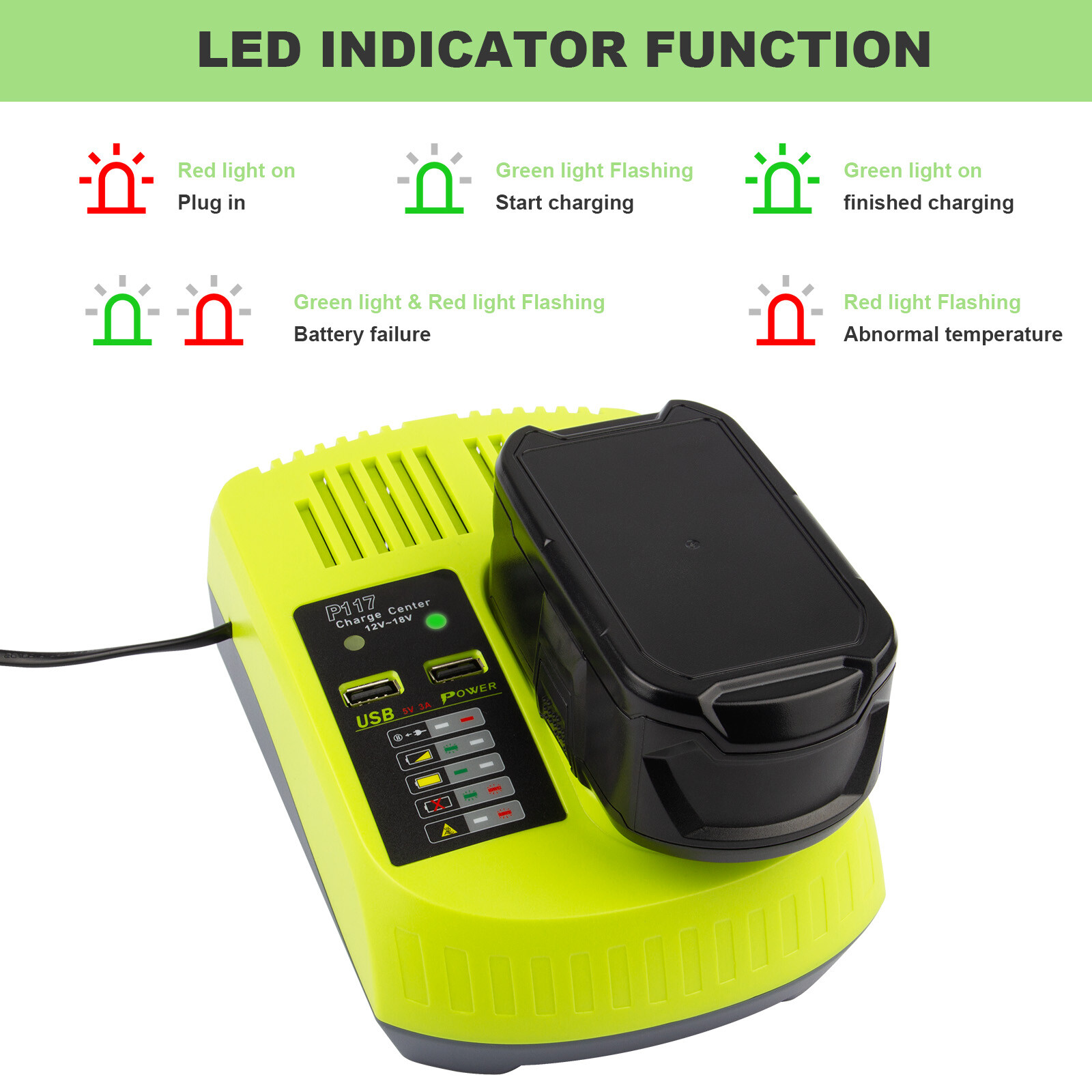 P117 For RYOBI P108 18V High Capacity P107 P103 18V Ni-Mh Li-ion Battery Charger