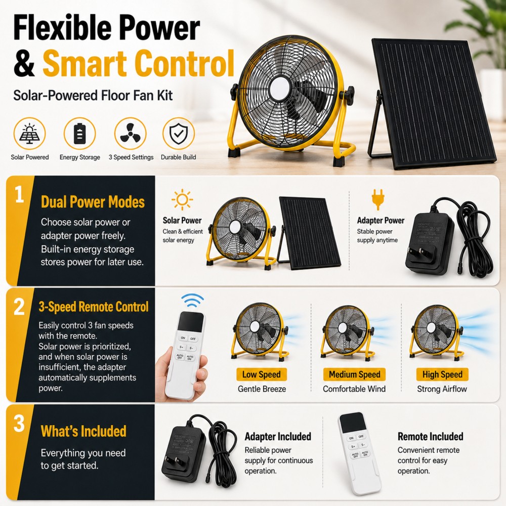 12″ Solar Floor Fan 30W Panel 1500mAh Battery 3 Speed Remote Camping Greenhouse
