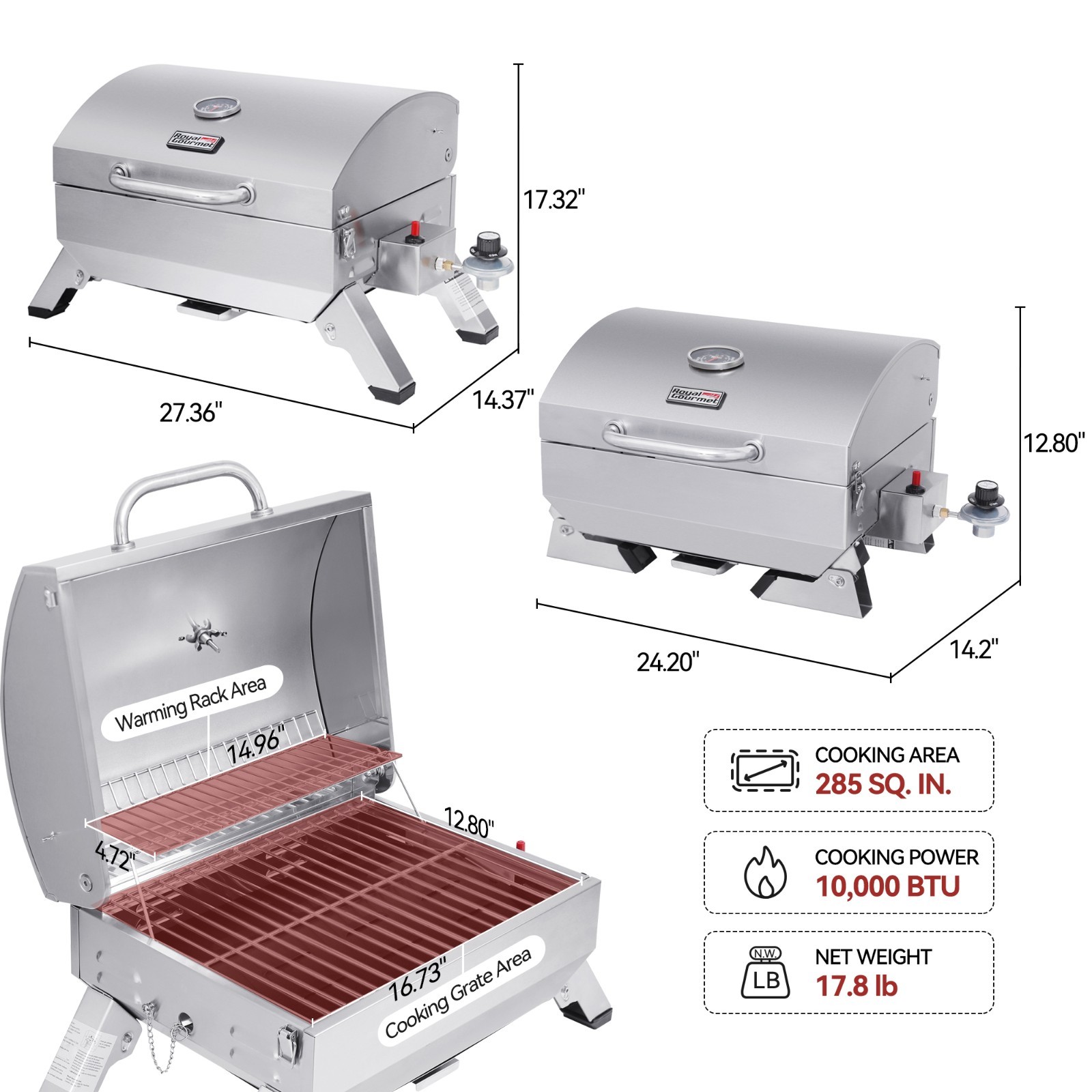 Royal Gourmet BBQ Tabletop Gas Grill w/ Folding Legs &Lockable Lid Outdoor Cook