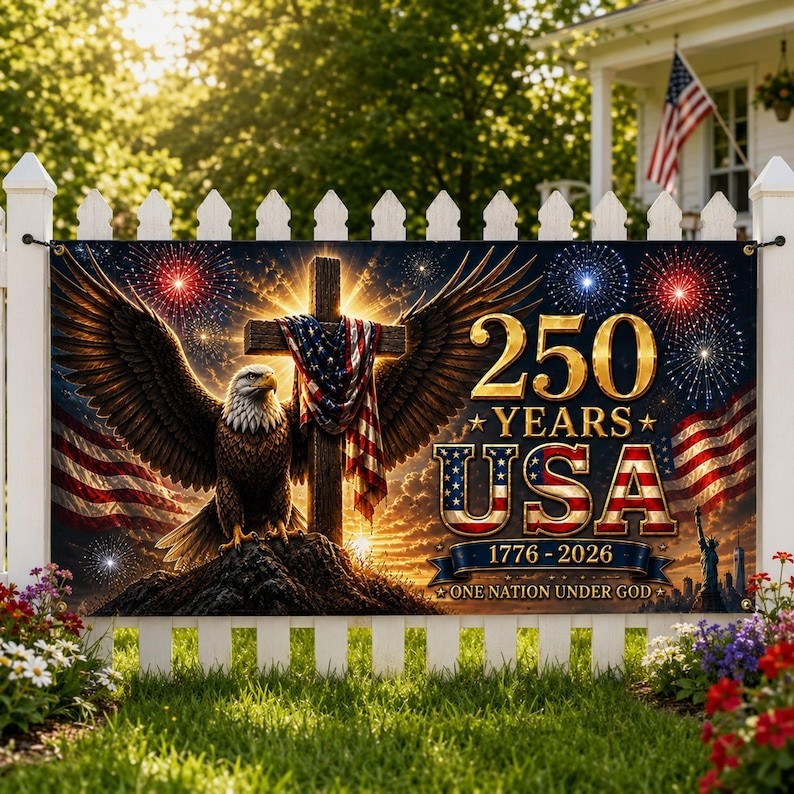 America 250 Patriotic Banner Eagle Cross USA Anniversary Decor Print