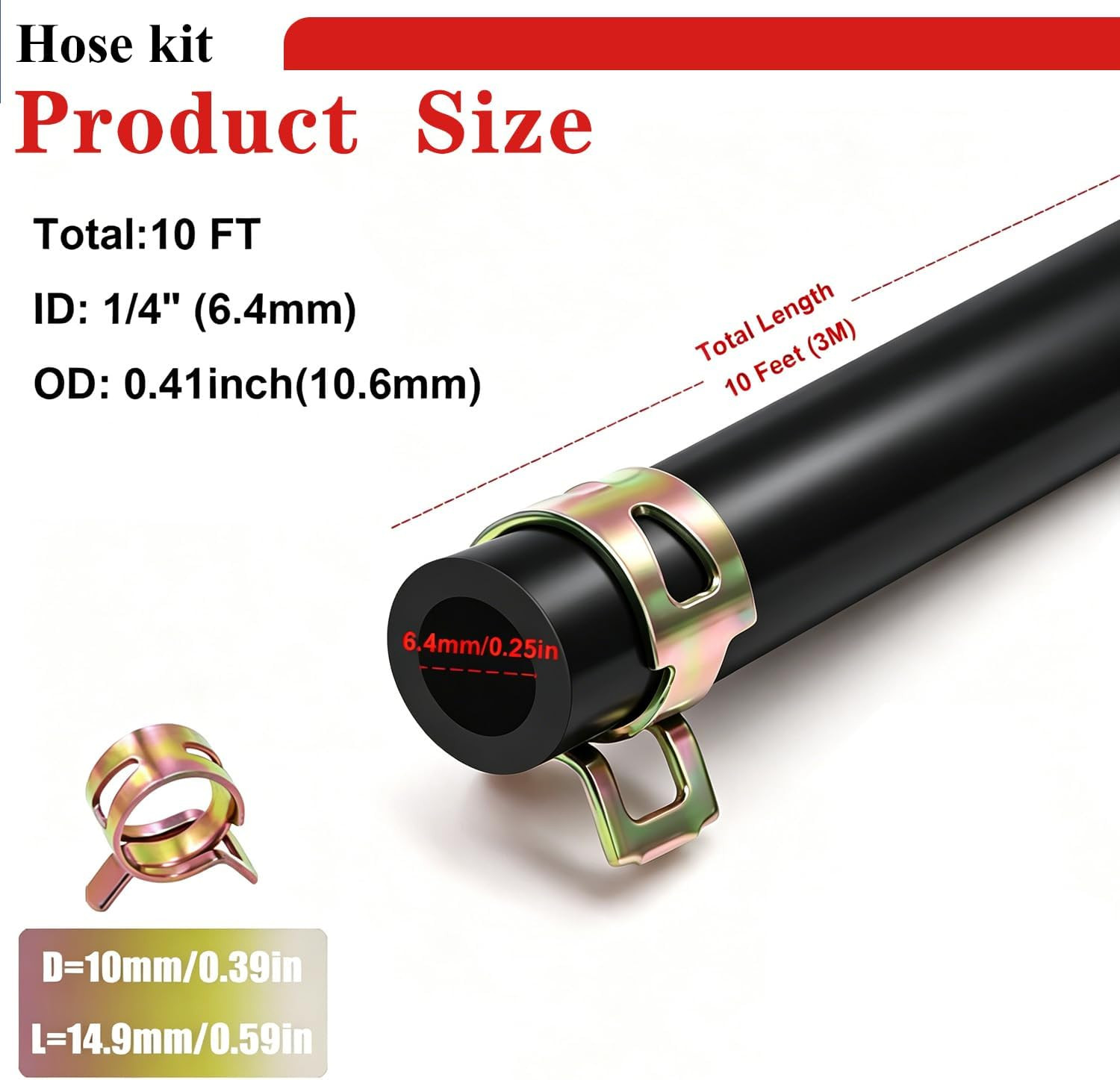 1/4 Inch ID Fuel Line Hose 10Ft + 20 Hose Clamps for Small Gas Engines-Free Ship