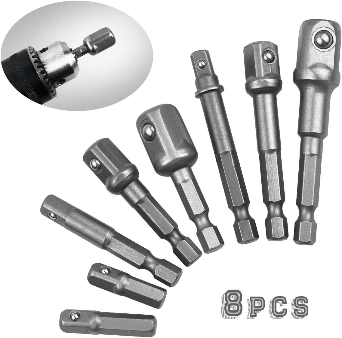 8 Pcs Drill Bit Socket Adapter Set Hex Shank 1/4″ 3/8″ 1/2″ Nut Driver for Power
