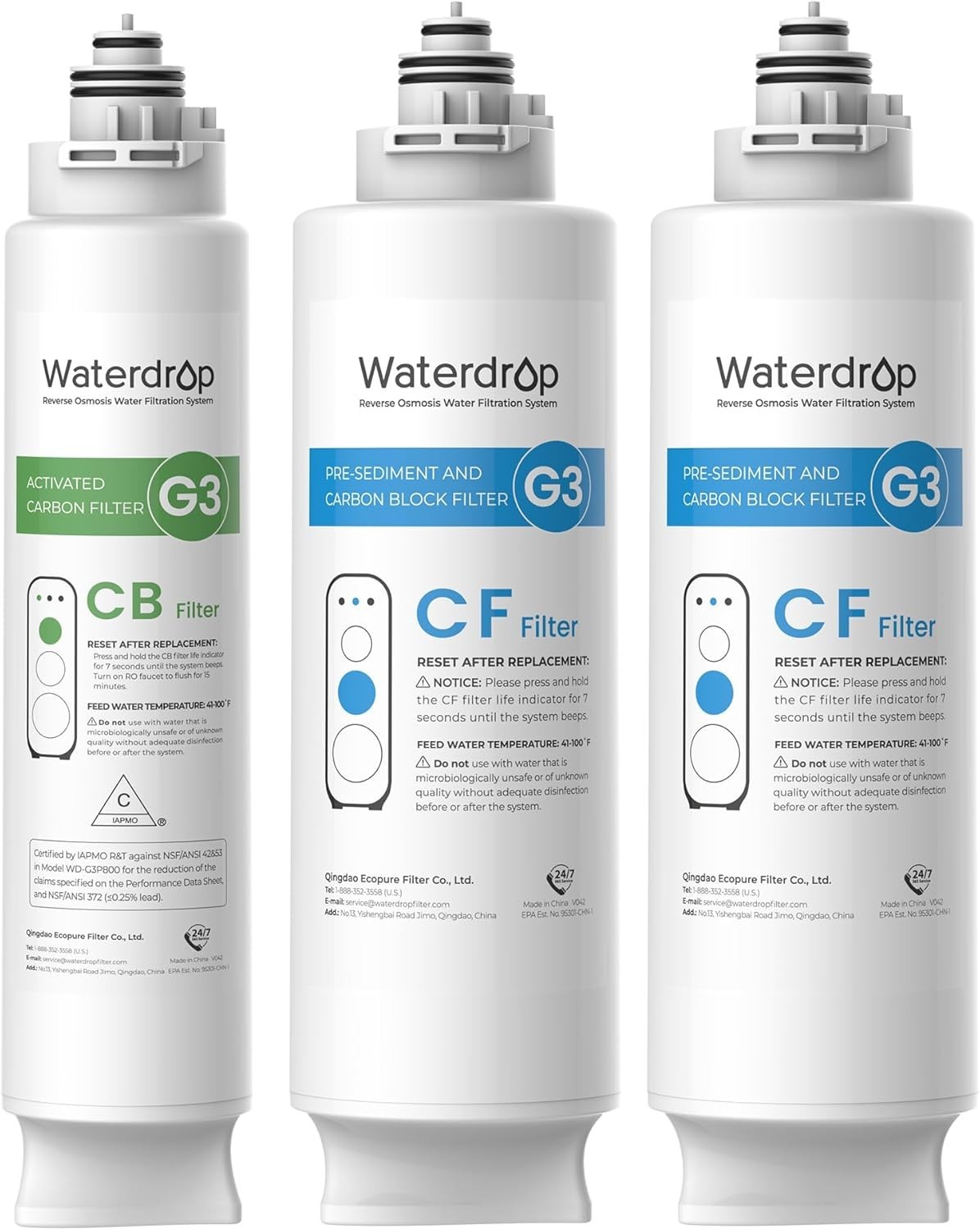 Waterdrop G3 Replacement Filter 1-Year Combo, Pack of 2 WD-G3-CF and 1 WD-G3-CB