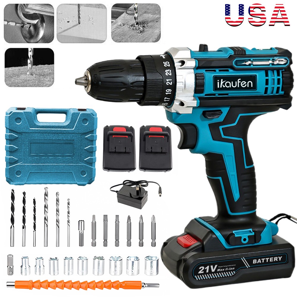 2 Battery Cordless Hammer Drill Set Electric Impact Driver Screwdriver Kit B2