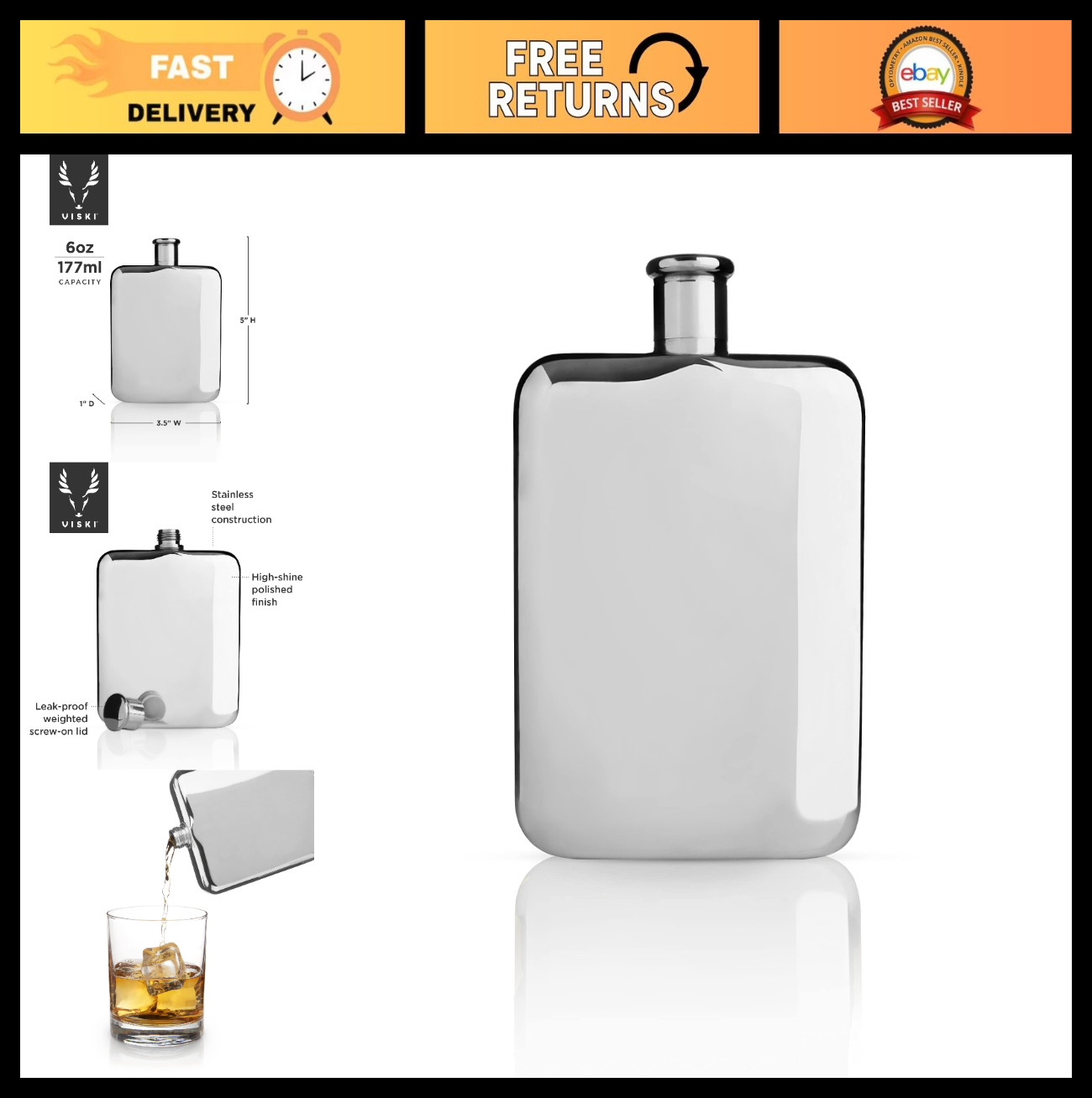 Stainless Steel Pocket Hip Flask, 6 oz Leakproof Liquor Flask for Whiskey, Vodka