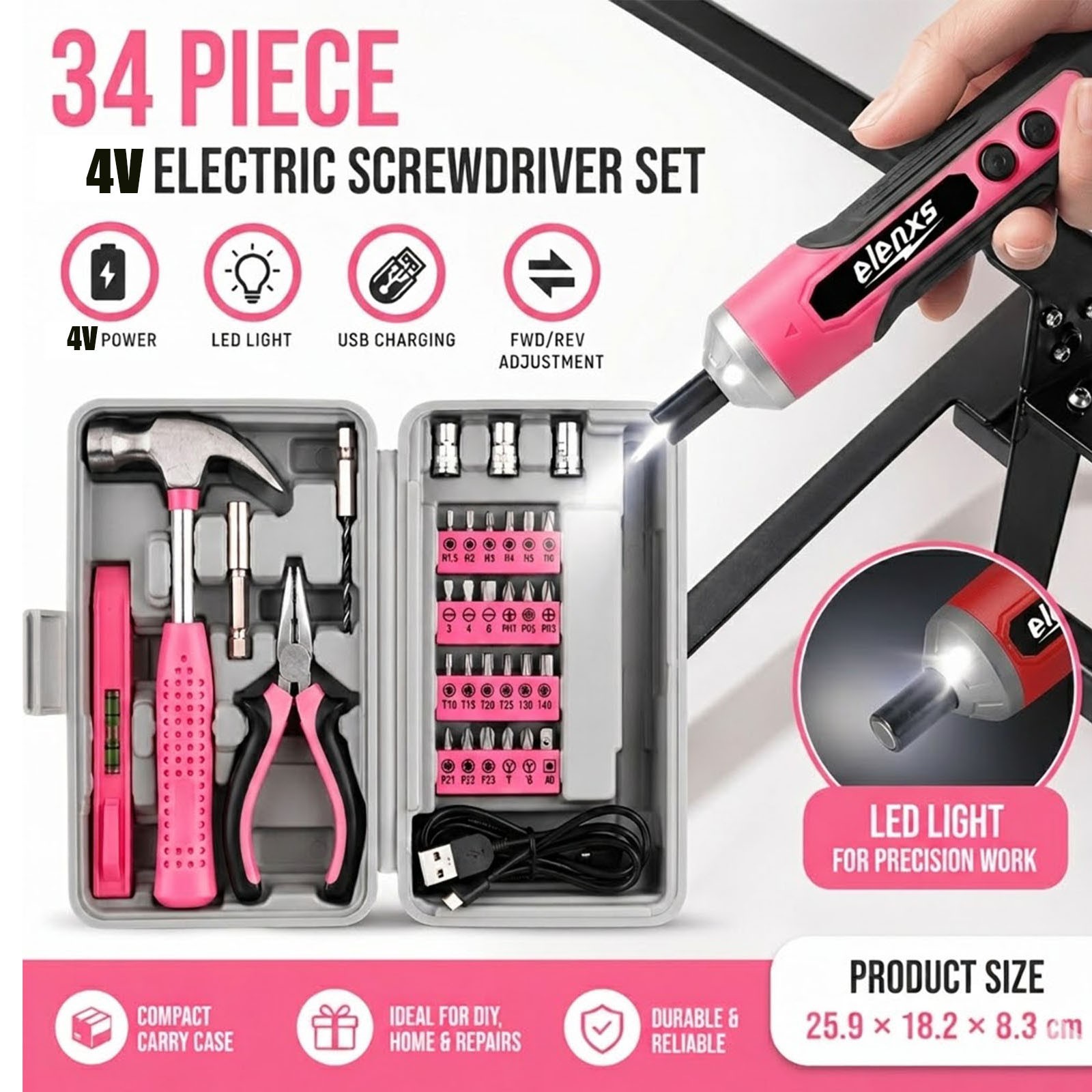 4V Cordless Electric Screwdriver 1300mAh USB Rechargeable 34pc DIY Home Tool Kit