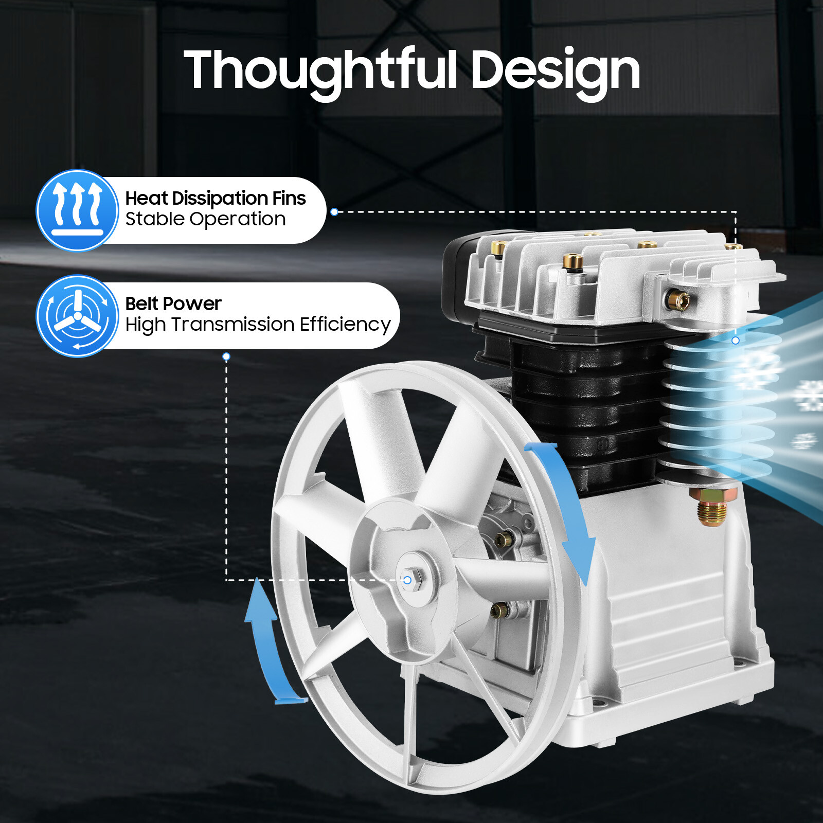 3HP Air Compressor Pump Head Aluminum 2.2KW 1.0mpa 2 Cylinder 1 Stage 250L/66Gal