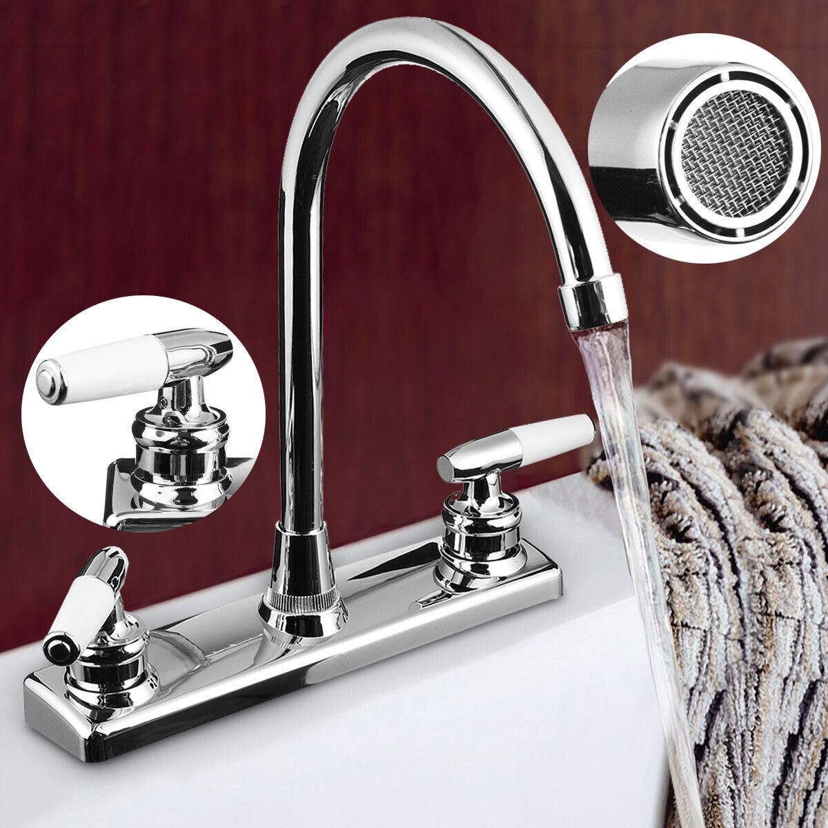 High Arc 2-Handle Standard Kitchen Sink Faucet Mixer Tap in Plastic For Home RV