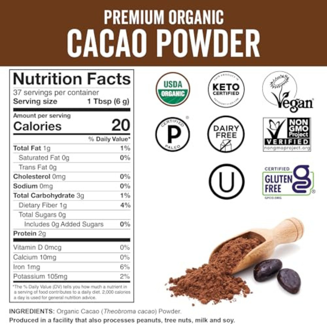 Organic Unsweetened Cacao Powder with Rich Dark Chocolate Flavor