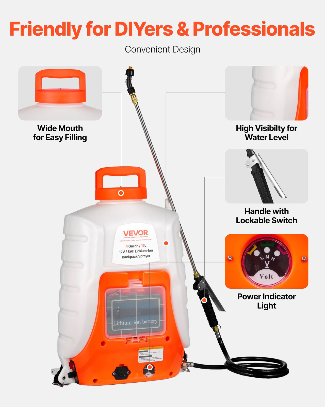 VEVOR Battery Powered Backpack Sprayer 4 Gal Tank 0-90 PSI Adjustable Pressure