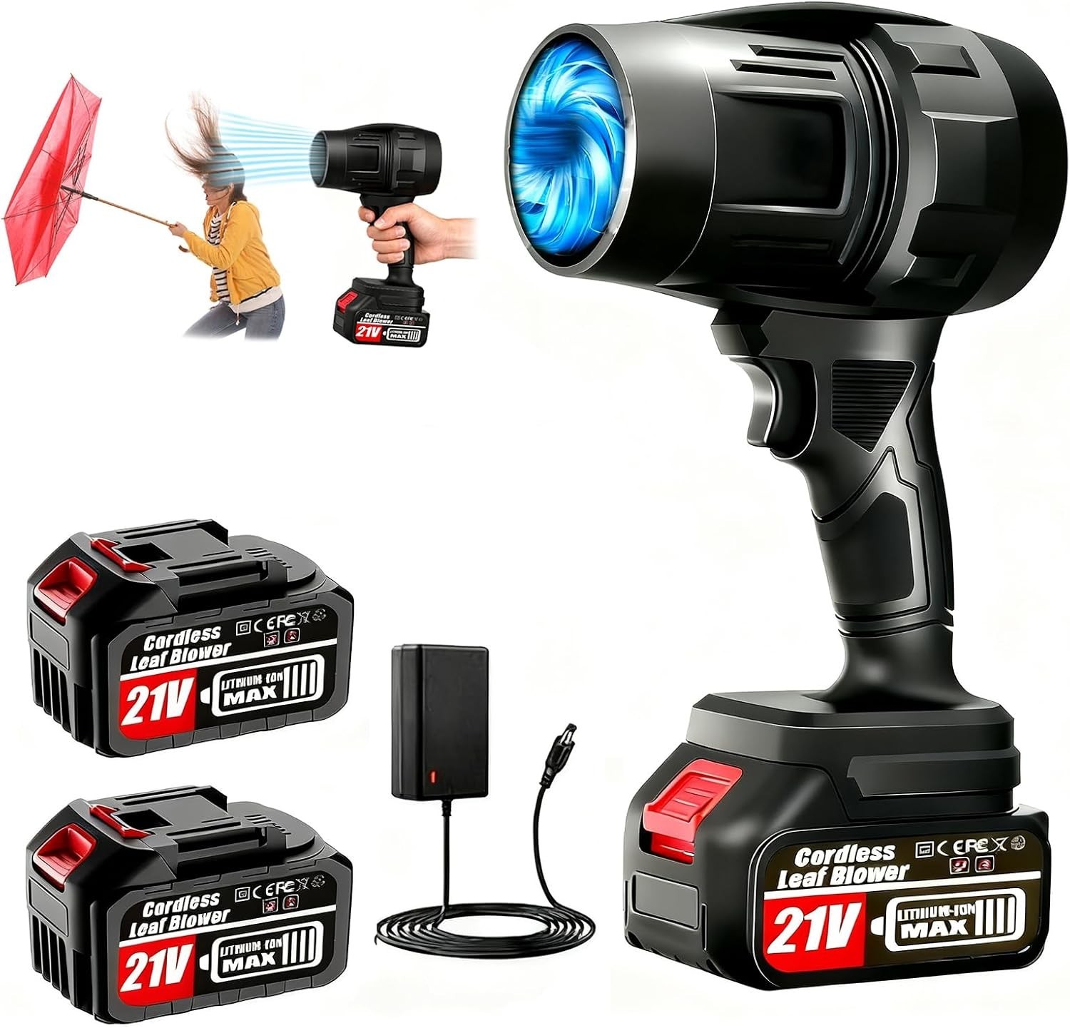 Cordless Leaf Blower 21V with 2 x 4.0Ah Batteries Turbo 600,000 RPM