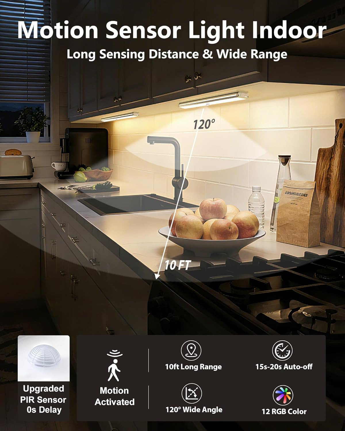 Motion Sensor Night Lights, 58-LED RGB Under Cabinet Lighting Wireless, 1100mAh