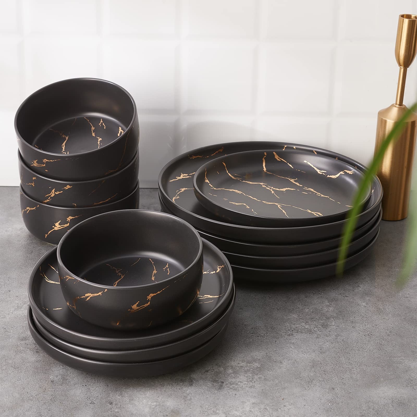 Pokini Black Gold Splash Dinnerware Sets, Marble Porcelain Plates and Bowls S…