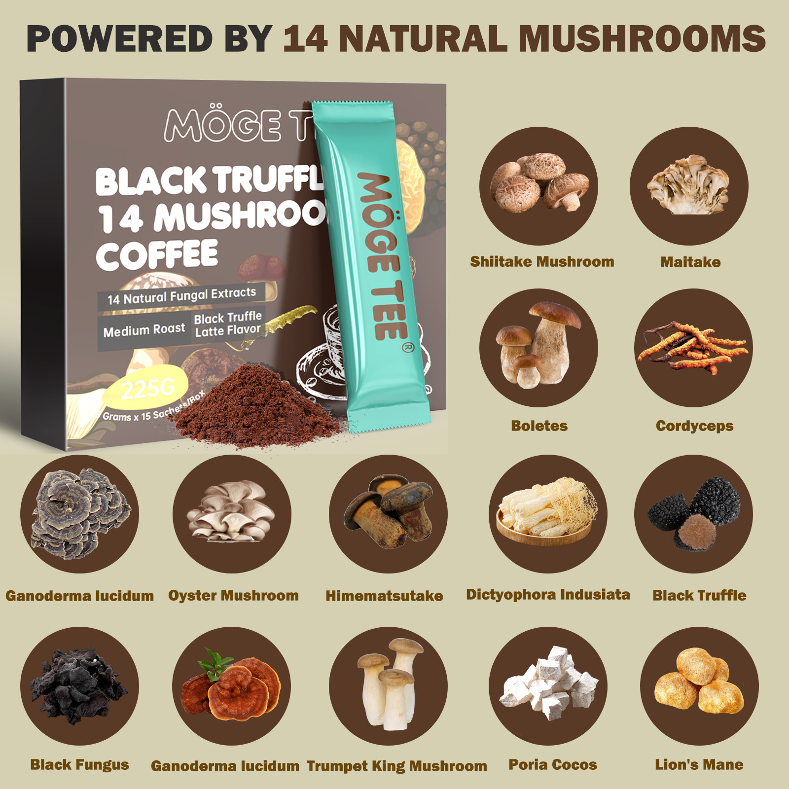 14 in 1 Organic Mushroom Coffee, 15 Servings, Energy & Brain Boost Free Shipping