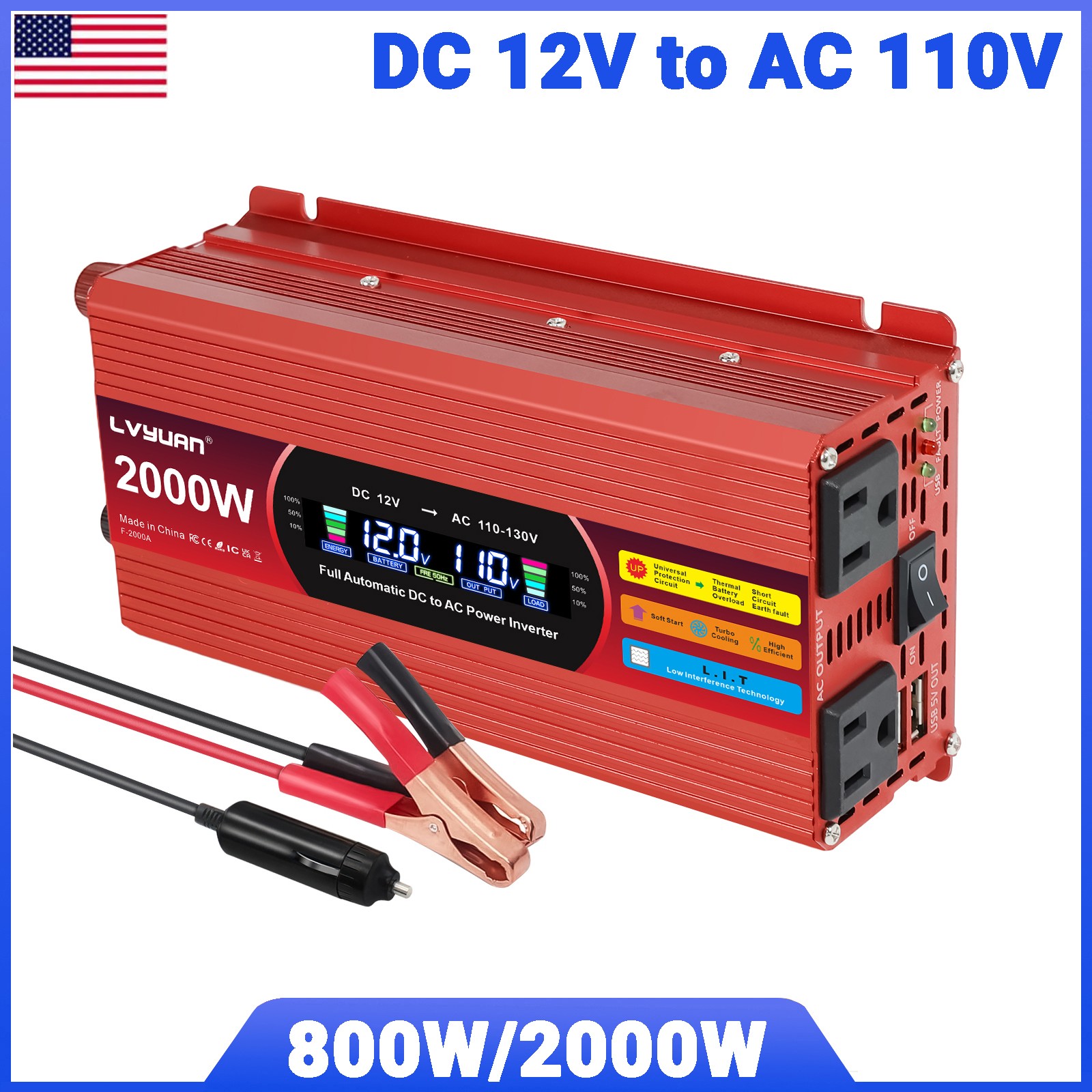 800W 2000W Power Inverter 12V to 110V LCD 2USB 2AC Converter Adapter Off-gird