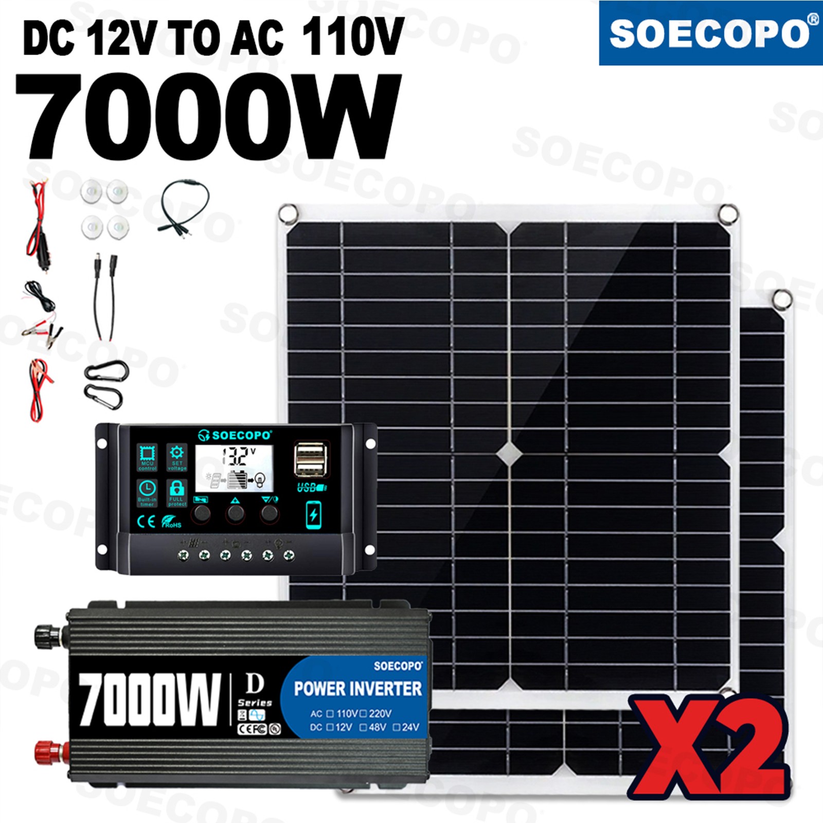 Complete 7000W Off-Grid Solar Kits 7000W Inverter 2pc 300W Solar Panel 110V/220V