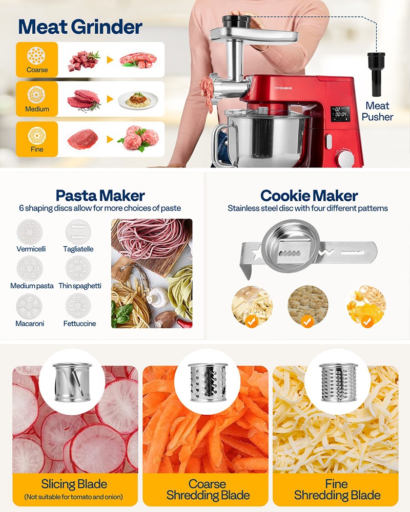 Stand Mixer 6Speed 7.5Qt 9-in-1 w/ Fermentation Timer Meat Grinder Juicer Slicer