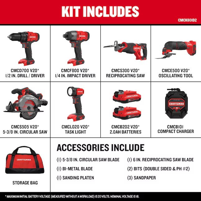 CRAFTSMAN CMCK601D2 V20 20-volt Max 6-Tool Power Tool Combo Kit with Soft Case