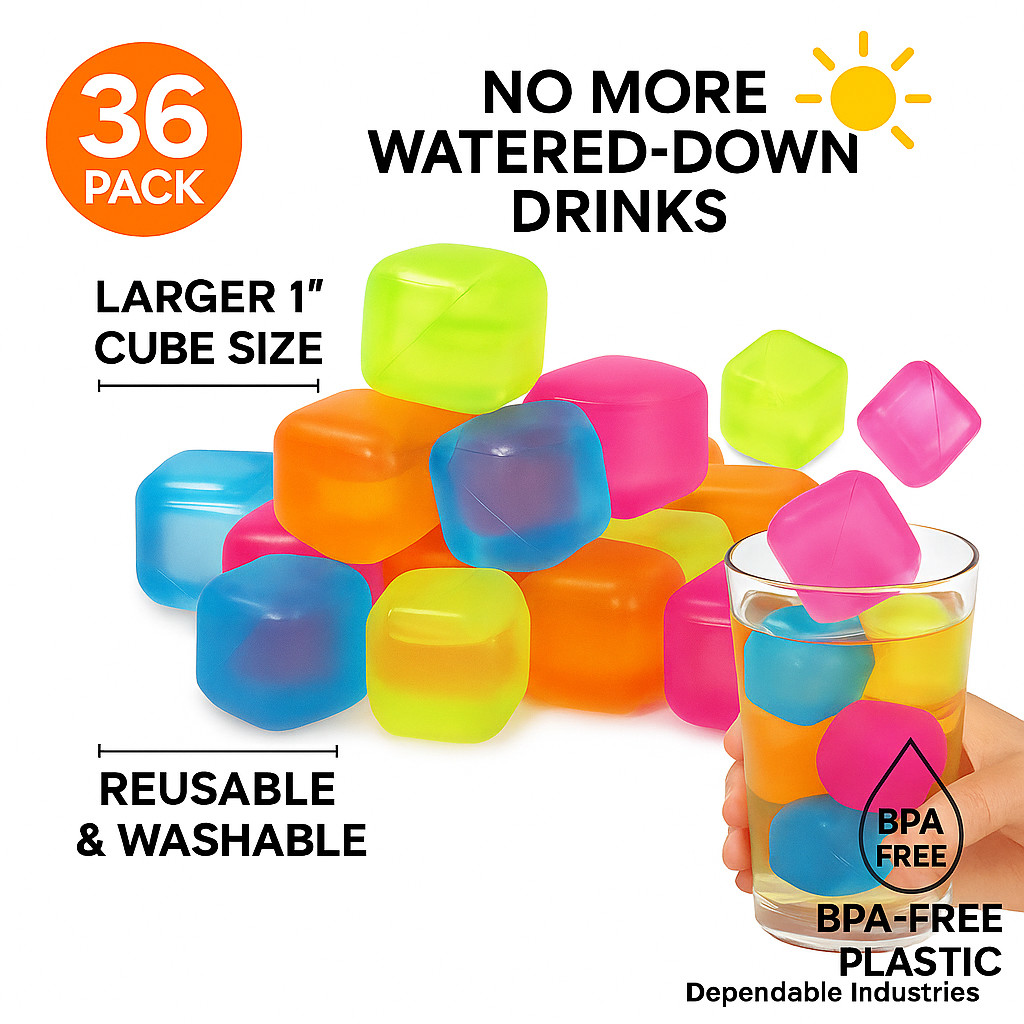 36-Pack Reusable Ice Cubes – 1″ Square BPA-Free Multicolor Chilling Cubes