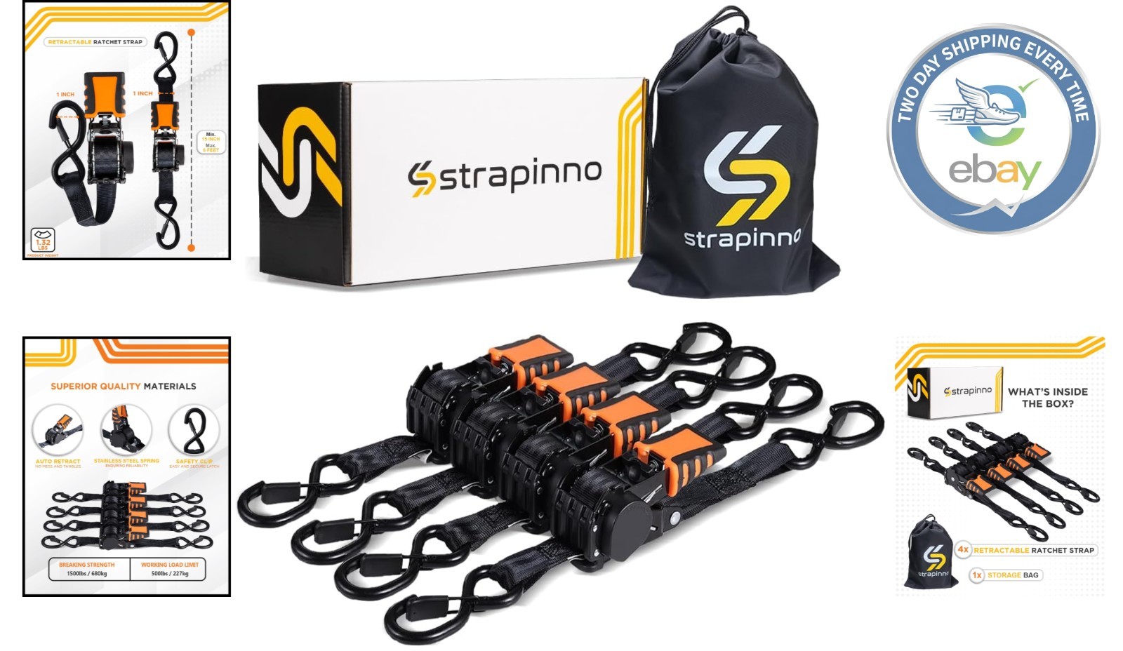 4pcs Retractable Ratchet Straps 1 in x 6 ft – 1,500LBS Breaking Strength